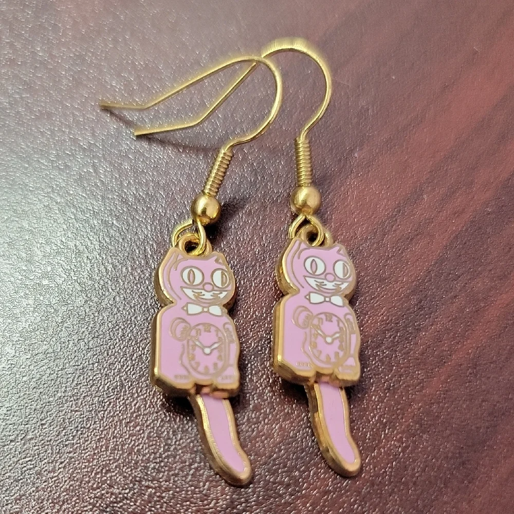 Vintage Kit Cat Klock Clock Pink Earrings Kitty Cat swinging tail Hypoallergenic - Picture 2 of 5